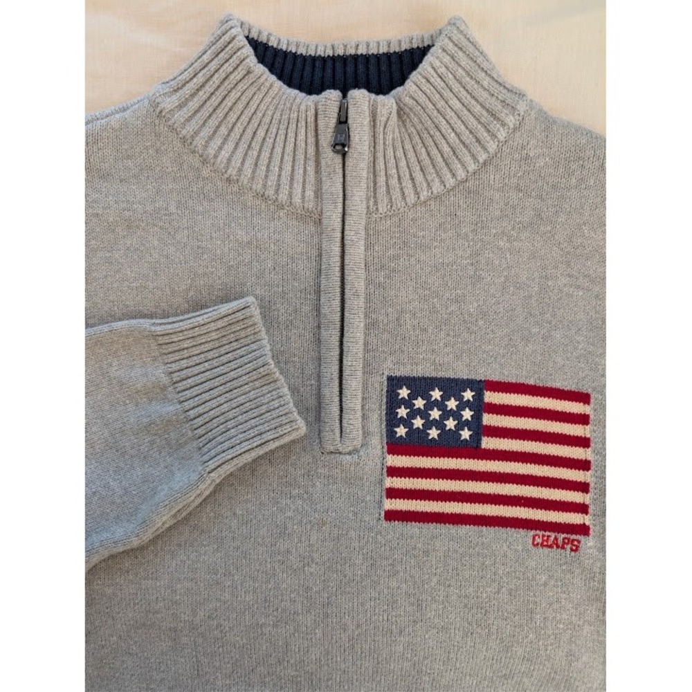VTG Chaps Quarter Zip Sweater Mens M Gray Navy Knit American Flag Pullover EUC